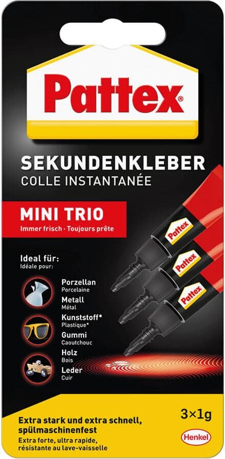 Klebstoff Pattex Sekundenkleber Mini Trio 9H PSMT3, 3 x 1 g Tube, lösungsmittelfrei