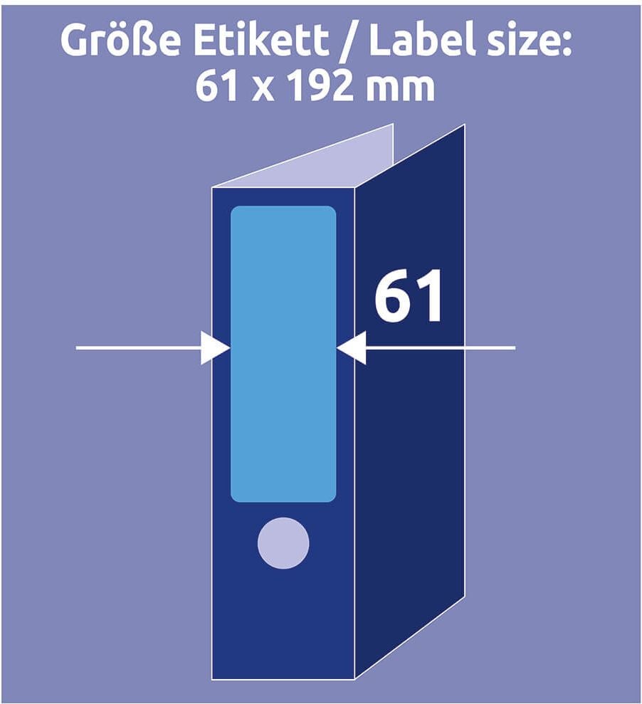 Rückenschilder Zweckform L4767-20 ultragrip, breit/kurz, 192x61mm, auf A4, blau, Pack 20
Blatt/80 Stück
