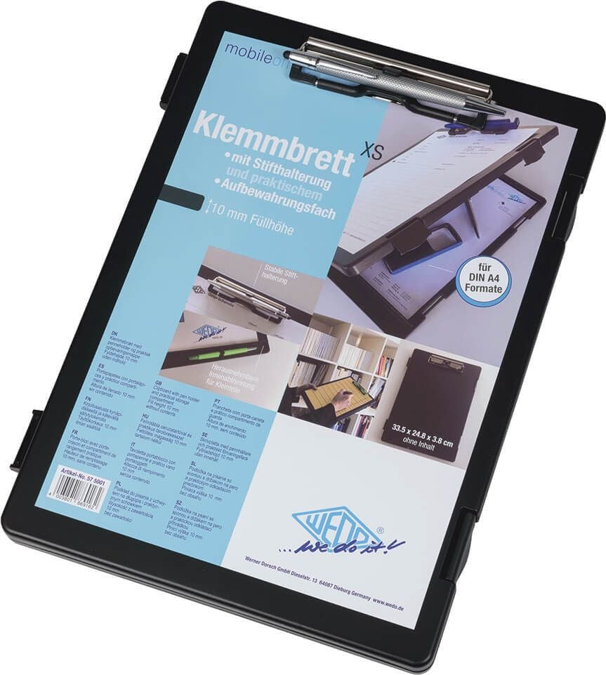 Klemmbretter Wedo 575001, A4, Kunststoff, Metallklemme kurze Seite,
Innenfach, schwarz, schwarz