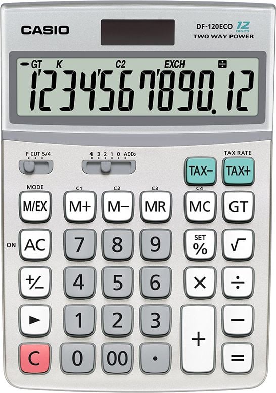Tischrechner Casio DF-120ECO, 12-stelliges LC-Display, Solar- und Batteriebetrieb