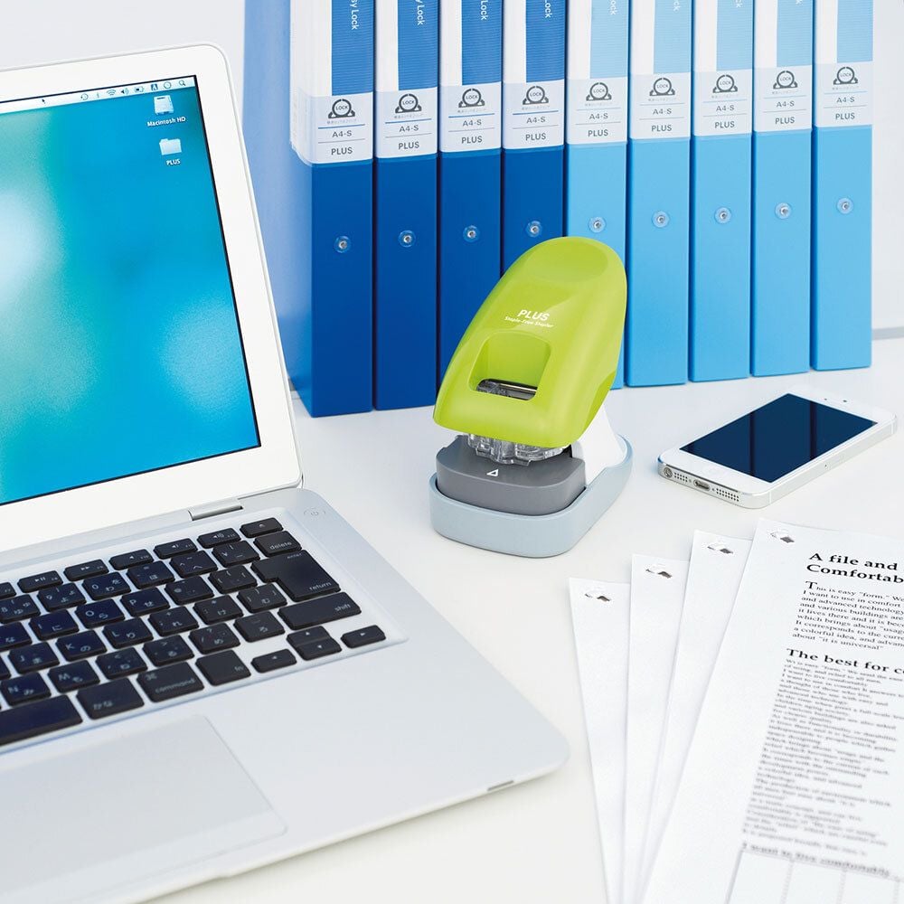 Heftgerät PLUS Japan SL-112A, bis 10 Blatt, Einlegetiefe: ca. 30mm,
klammerlos, grün