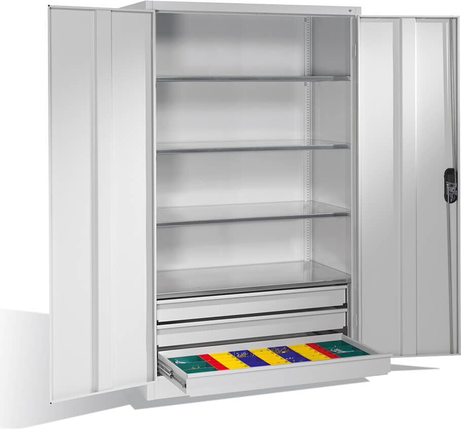 Werkstattschrank CP Serie 89 Werkzeugschrank 8932-503, 120x195x60cm (BxHxT), 4 Böden, 3 Schubladen,
2 Flügeltüren, hellblau