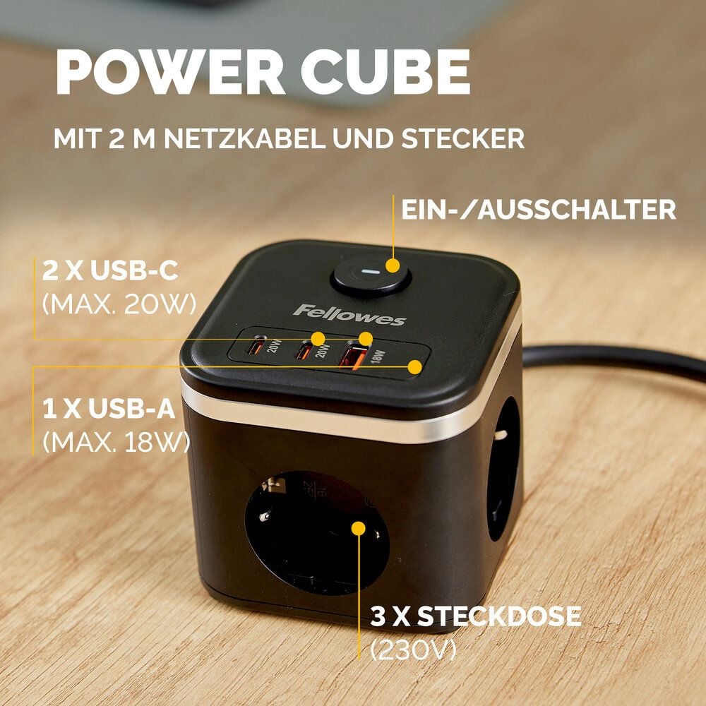 Steckdosenwürfel Fellowes Power Cube Type F, 3x Steckdosen, 1x USB-A, 2x USB-C, Kabellänge
2m, Ein-/Ausschalter, weiß