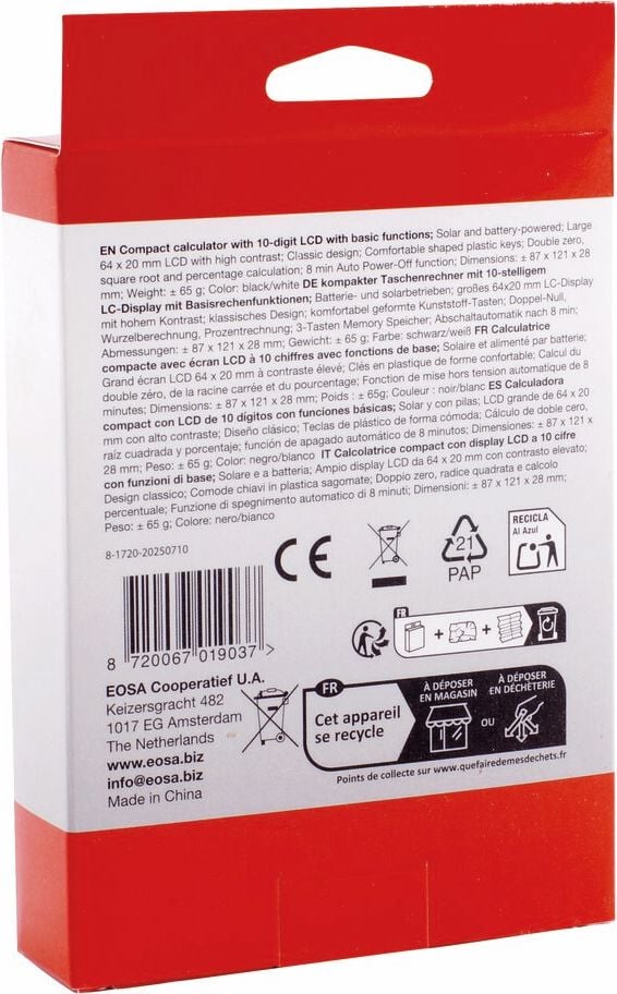 Taschenrechner a-series AS1720, 10-stelliges LC-Display, Solar- und
Batteriebetrieb, schwarz/weiß