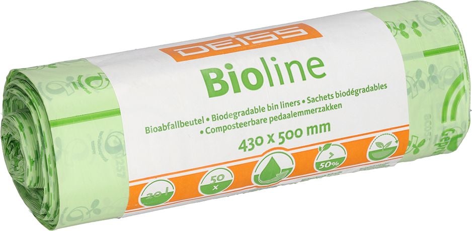Müllsäcke DEISS Bioline 06028 20 Liter, 43x50cm, ecovio Biofolie, biologisch abbaubar, 20 Liter, 18my, natur, Rolle 50 Stück