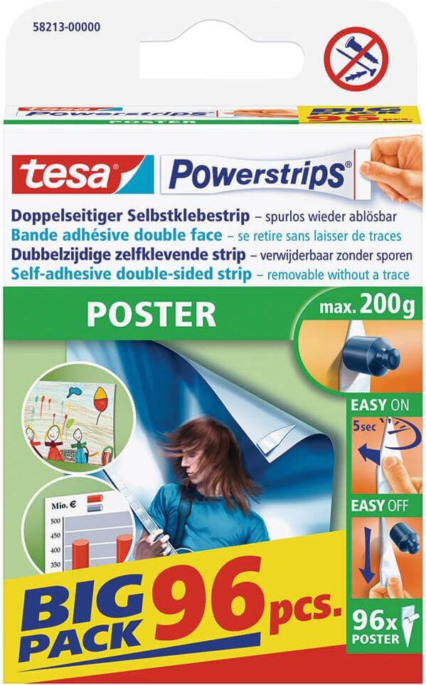 Powerstrips Tesa Poster Big Pack 58213-00000-02, Haftkraft bis 200g, ablösbar, Pack 96 Stück