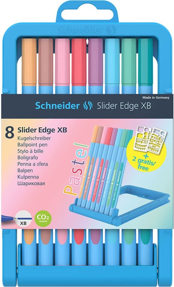 Kugelschreiber Schneider Slider Edge XB Pastellfarben 1522, Einweg, Strichbreite XB ca. 0,7mm, Kappe, Etui mit 8 Farben