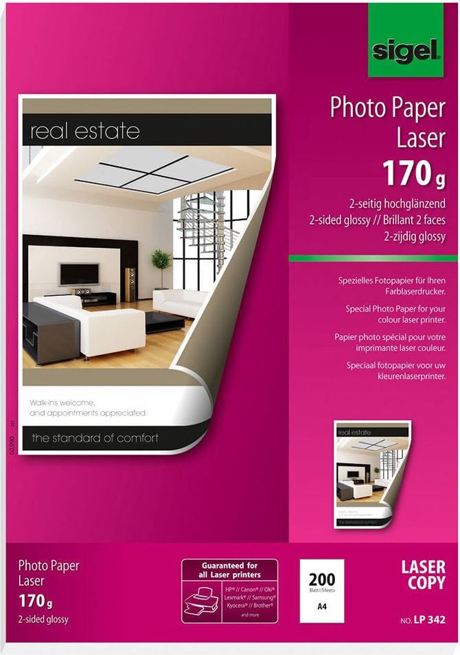 Sigel Laser-Fotopapier LP342, A4, 170 g/m², hochweiß, 2-seitig
hochglänzend, 200 Blatt