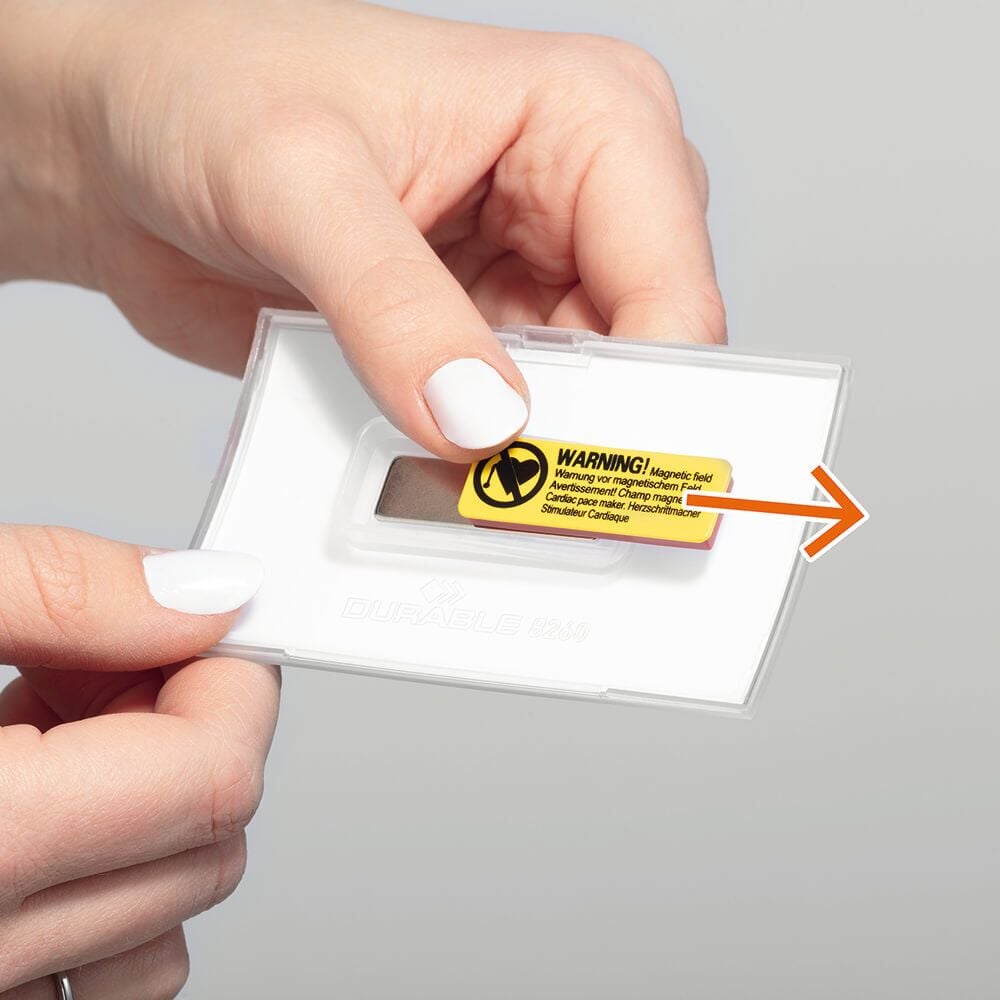 Namensschilder Durable CLICK FOLD 8260, 54x90mm, verdrehsicher, Doppelmagnet,
Klick-Mechanismus zum Austauschen der
Einsteckschilder, Pack 10 Stück