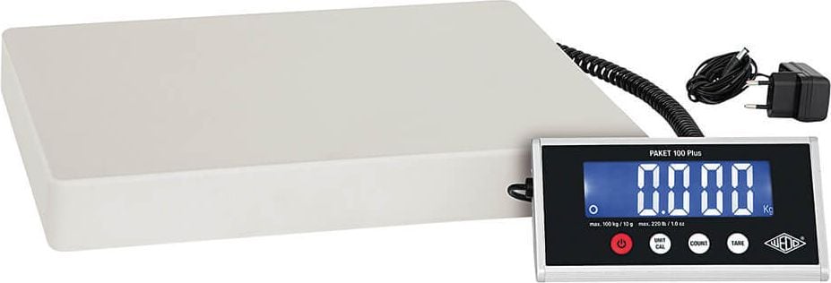 Paketwaage Wedo PAKET 100 Plus 507610010, bis 100kg, Zählfunktion, LCD-Anzeige,
aus Alu-Guss, Batterie und Netzsteckerbetrieb
