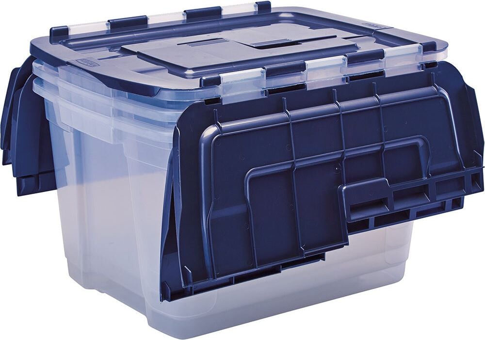 Aufbewahrungsboxen Bankers Box Tote Box with hinged Lid, 55 Liter, Außenmaße: 590x430x350mm (BxTxH), PP 100% BPA-frei, geteilter Deckel, transparent/blau