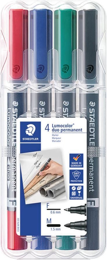 Permanentmarker Staedtler Lumocolor permanent duo 348 WP4, 2 Rundspitzen (0,6 + 1,5mm), Etui mit 4
Farben