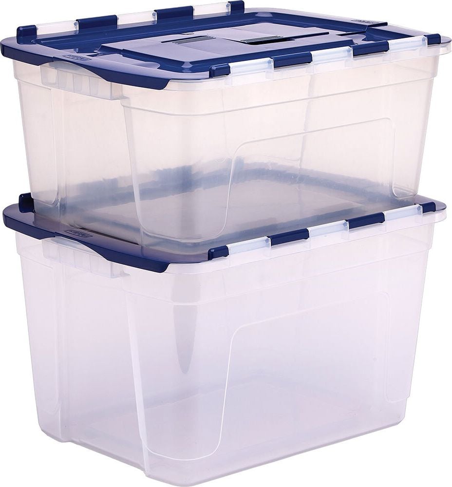 Aufbewahrungsboxen Bankers Box Tote Box with hinged Lid, 45 Liter, Außenmaße: 590x430x280mm (BxTxH), PP 100% BPA-frei, geteilter Deckel, transparent/blau