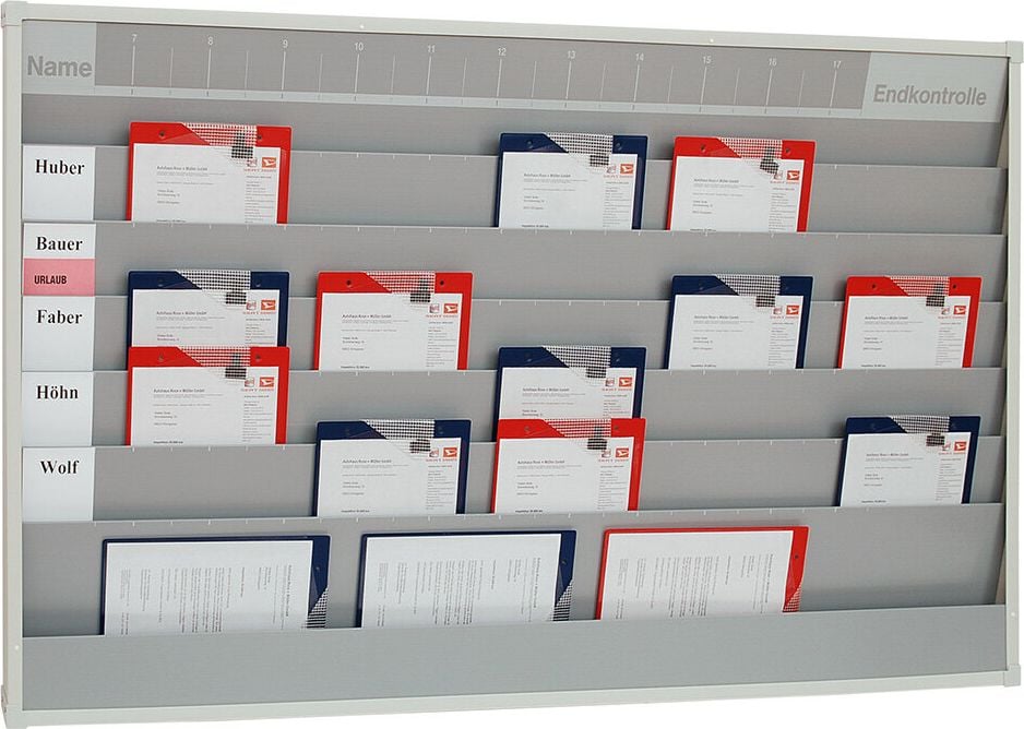 Werkstattplaner Eichner 9019-00588, für 30 x A4, 1580x900x78mm (BxHxT), fünfreihig,
zusätzliches Ablagefach und Kopfleiste
(Zeitstrahl-Beschriftung), grau