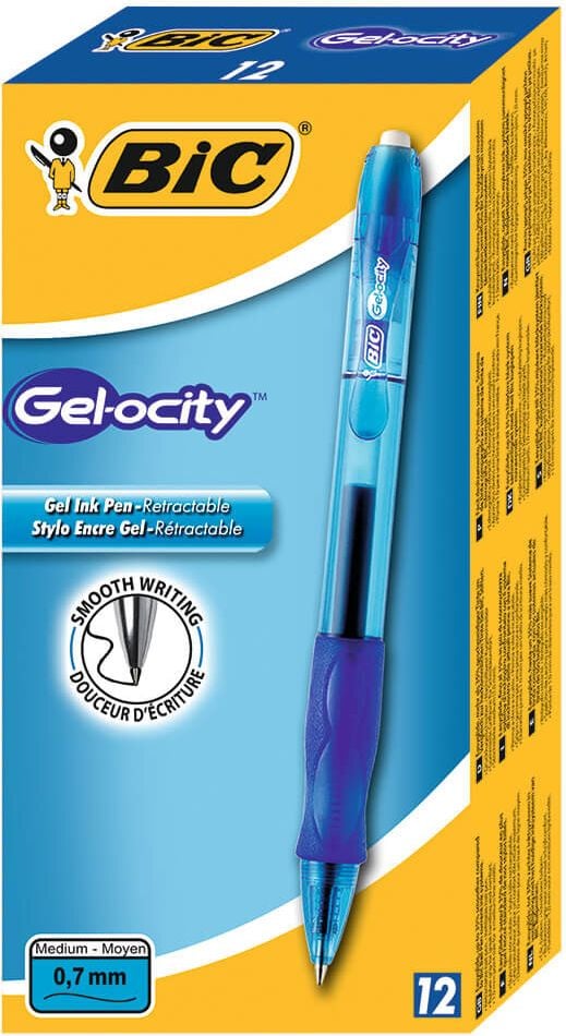 Gelschreiber BIC Gel-ocity Original, ca. 0,3mm, Druckmechanik, gummierte
Griffzone, Pack 12 Stück, blau