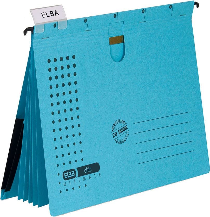 Hängehefter Elba chic ULTIMATE 100333, 5 kaufm. Heftungen, 5 Trennblätter, Tasche,
Kraftkarton (RC), Pack 5 Stück, blau