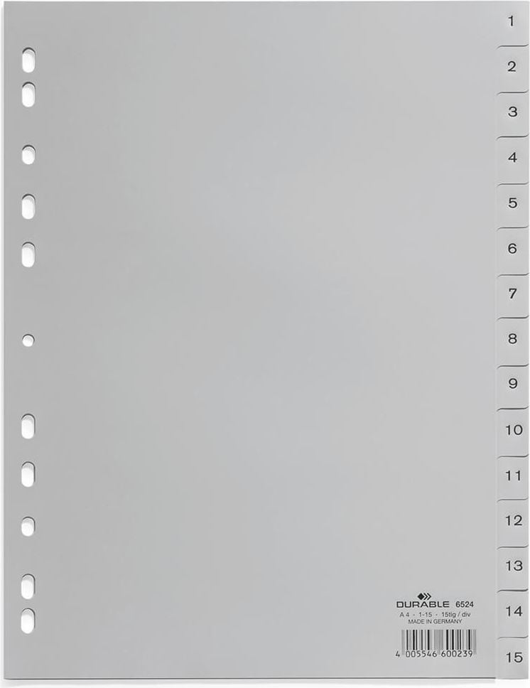 Kunststoffregister Durable A4 1-15 652410, A4 volle Höhe, 1-15, 15-teilig, PP, grau,
Pack 20 Stück