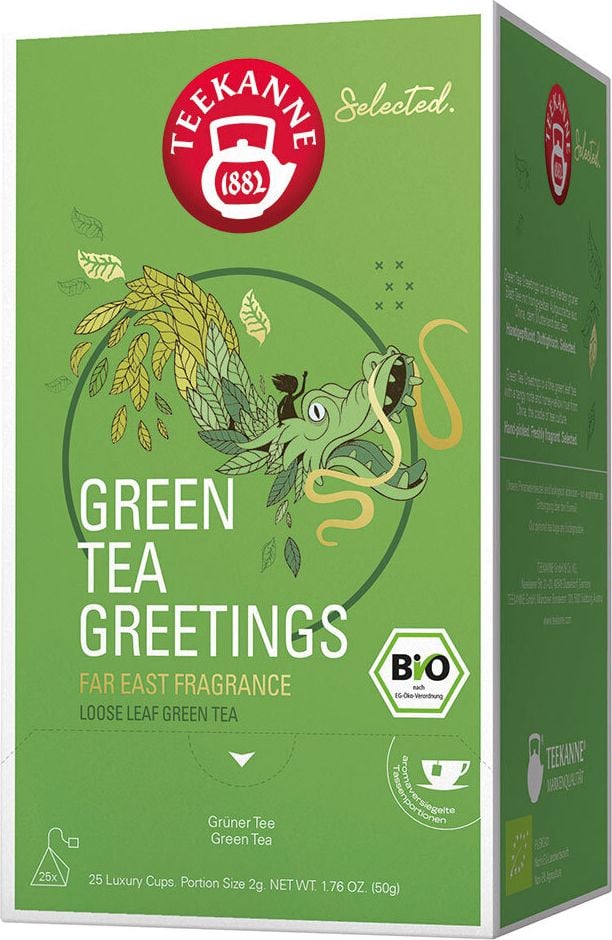 Tee Teekanne Selected BIO Luxury Cup Green Tea Greetings, Beuteltee, Pack 25 Beutel à 2g, BIO-zertifiziert DE-ÖKO-039