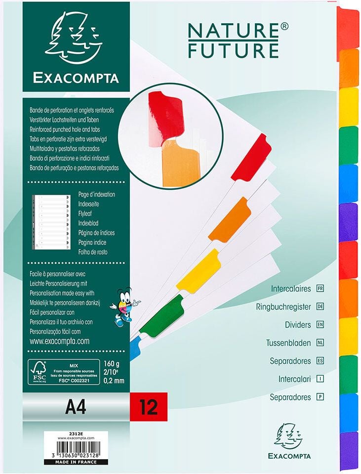 Kartonregister Exacompta A4 blanko 2312E, A4 volle Höhe, blanko, 12-teilig, Karton 160
g/m² weiß, farbige Taben