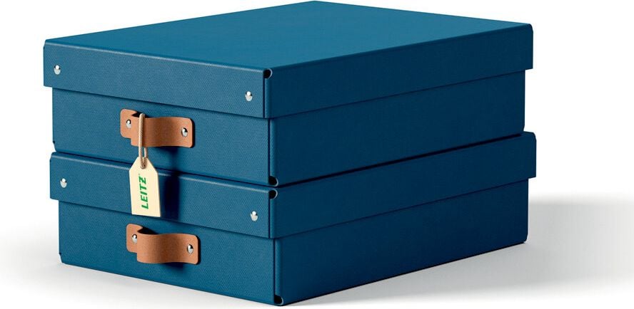 Aufbewahrungsbox Leitz Puro klein, 7 Liter, 200x150x280mm, mit Deckel, 100%
Recyclingkarton, Pack 2 Stück, dunkelblau
