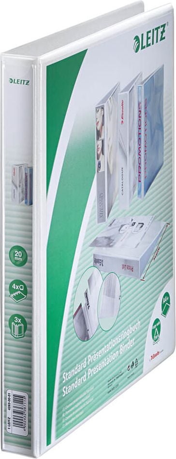 Präsentationsringbuch Leitz Standard 42830001, A4, 4 Ringe, 38mm Rücken, 20mm
Ringdurchmesser/Füllhöhe, weiß, Pack 6 Stück, weiß