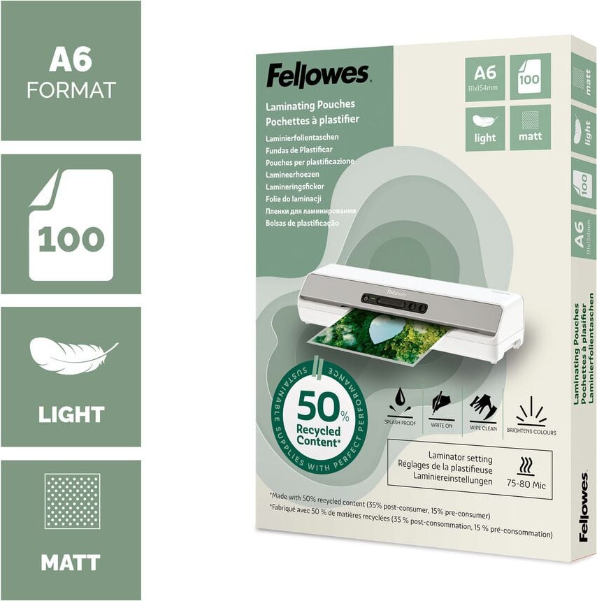 Laminierfolien Fellowes A6 POUCH 100143438, 154x111mm, 80 mic, matt, 50% Recyclinganteil, Pack 100 Stück