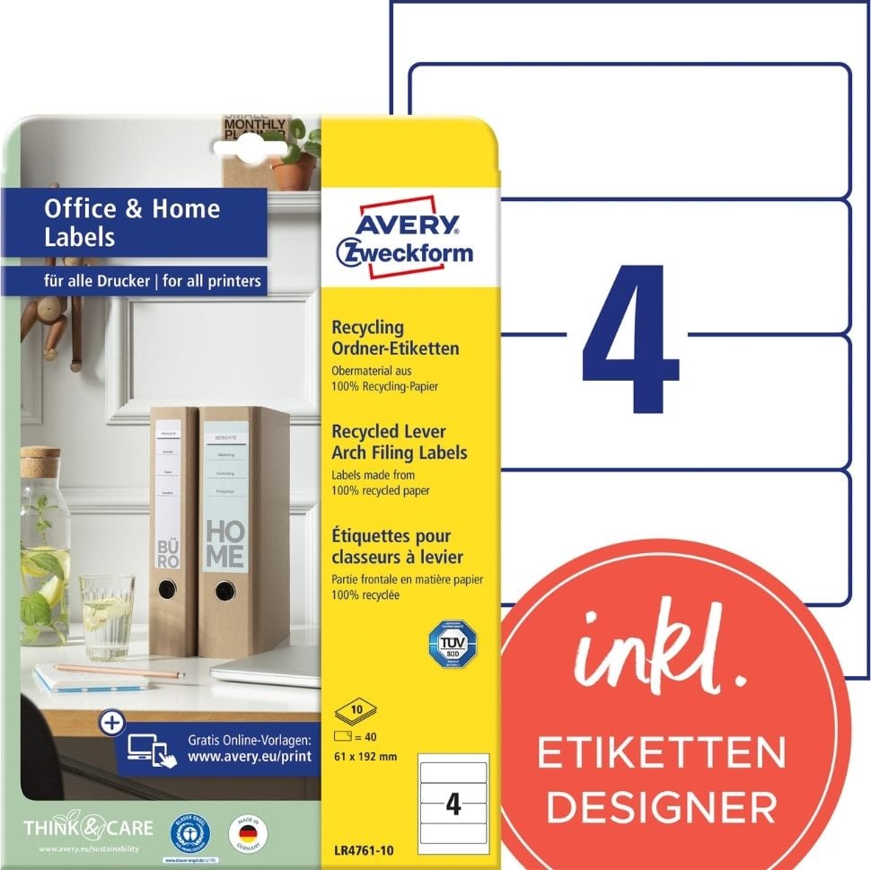 Rückenschilder Zweckform LR4761-10 Recycling, breit/kurz, 192x61mm, auf A4, naturweiß, Pack 10 Blatt/40 Stück