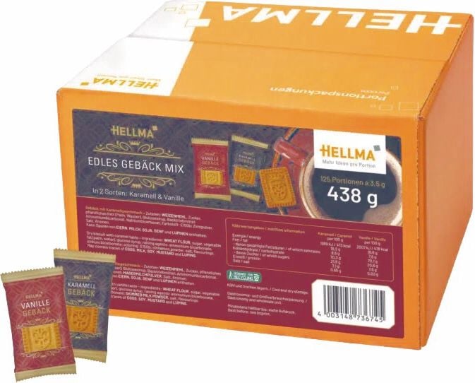 Gebäckmischung Hellma Edles Gebäck Mix 70104971, 2 Sorten (Karamell/Vanille), Karton mit 125 Portionen à 3,5g, einzeln eingeschweißt