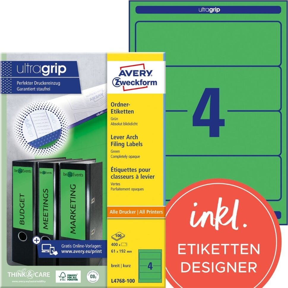 Rückenschilder Zweckform L4768-100 ultragrip, breit/kurz, 192x61mm, auf A4, grün,
Pack 100 Blatt/400 Stück