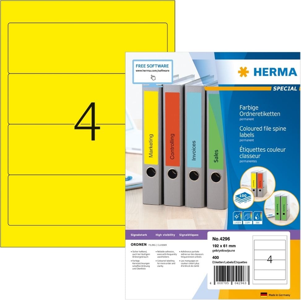Rückenschilder Herma 4296, breit/kurz, 192x61mm, auf A4, gelb, Pack 100
Blatt/400 Stück