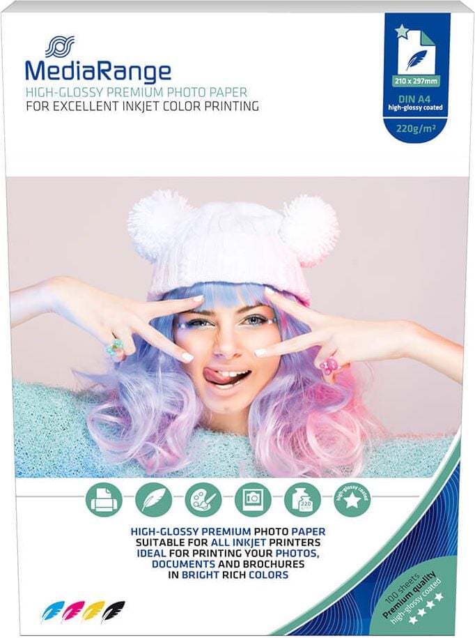 MediaRange Inkjet-Fotopapier, A4, 220 g/m², weiß, hochglänzend, Pack 100
Blatt