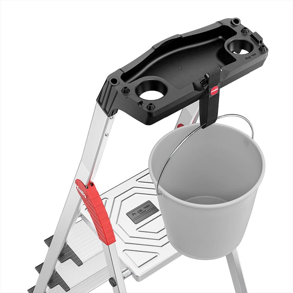 Stehleiter Hailo ComfortLine L80 8040-807, Sicherheits-Stufenstehleiter, 8 Stufen,
belastbar bis 150 kg, Multifunktions-
Ablageschalensystem, Eimerschlaufe