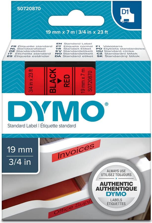 Schriftbänder Dymo D1 45807/S0720870, schwarz auf rot, 19mm/7m