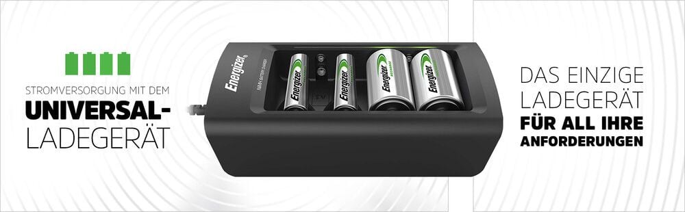 Akkuladegerät Energizer Universal Charger, für Micro-, Mignon-, Baby-, Mono und
E-Block-Akkus, LED-Anzeige, automatische
Timerabschaltung