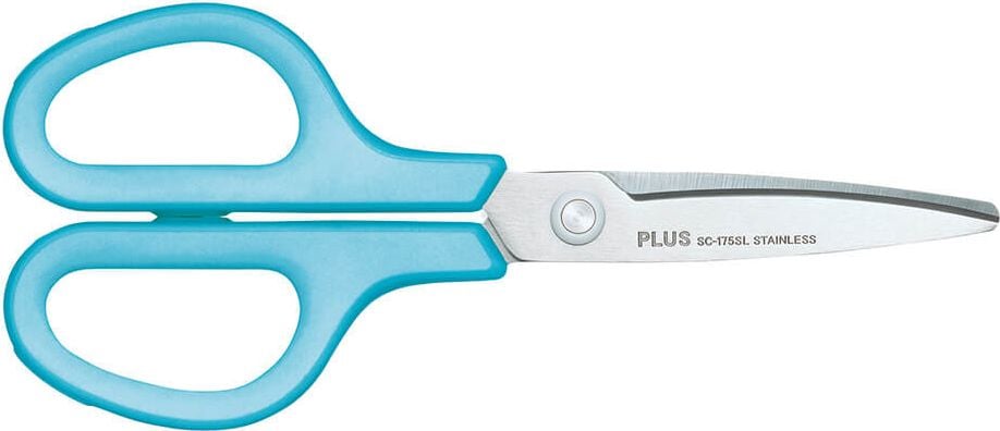 Schere PLUS Japan Curved Blade Edelstahl Linkshänder 17,5cm, 6,5 Zoll, Linkshänderschere, Recycling-Kunststoffgriff, blau, blau