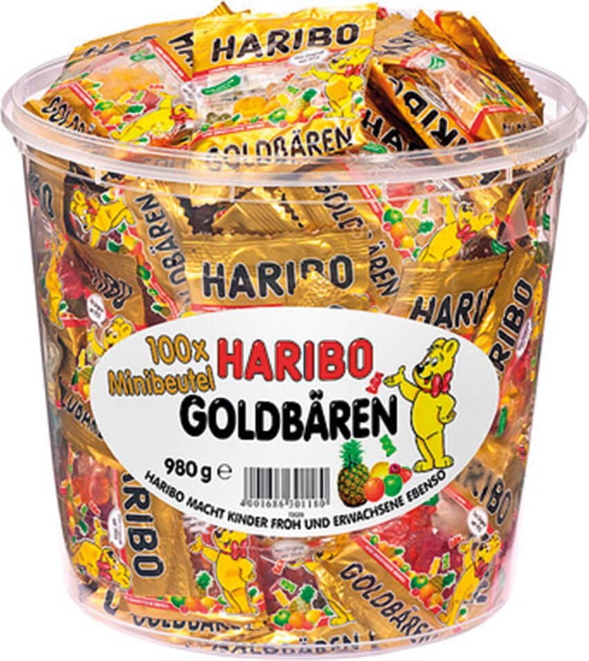 Fruchtgummi Haribo Goldbären Minis, Dose 100 Minibeutel à 9,8g, 980g