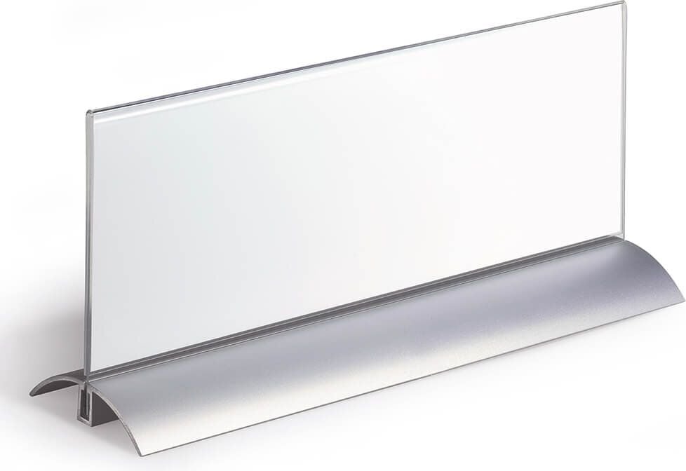 Tischnamensschild Durable Desk Presenter de luxe 8203, 105x297mm, T-Form, zweitseitig lesbar, Acryl
mit Aluminiumfuß