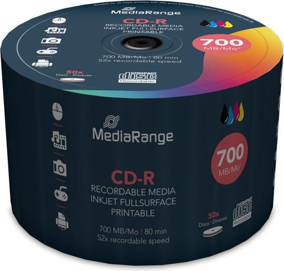 CD-R MediaRange Inkjet printable MR208, 700MB, 80 Min., 52-fach, Spindel 50 Stück