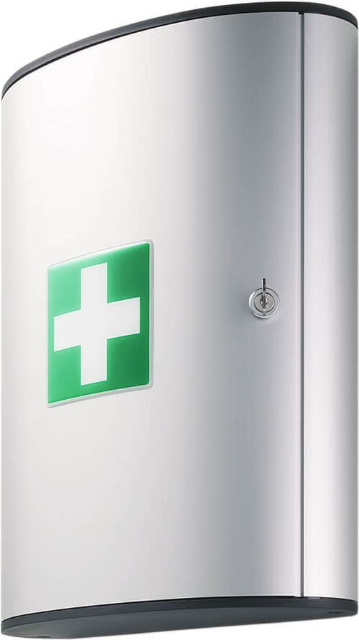 Erste Hilfe Verbandschrank Durable FIRST AID SET L 1974, Füllung nach DIN 13157, 302x400x118mm
(BxHxT), Zylinderschloss, Aluminium, silber, silber
