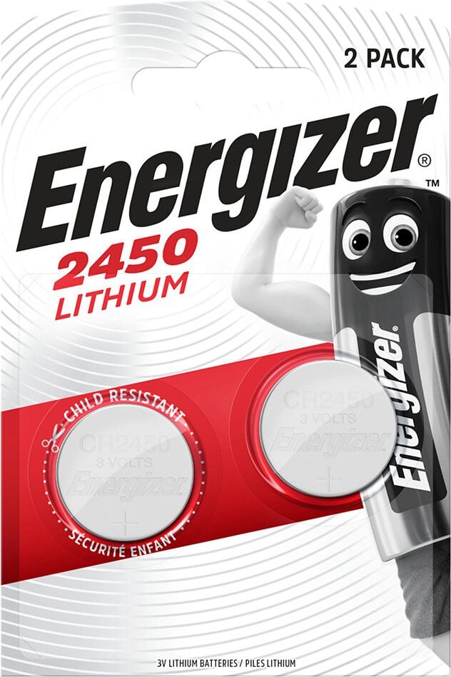Knopfzellen Energizer Lithium CR2450, 3 Volt, frei von Quecksilberzusatz, Pack 2 Stück