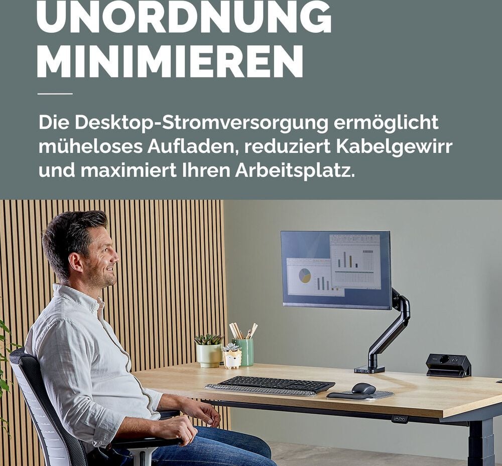 Tischsteckdosenleiste Fellowes Power Desk Type F 1fach+2 USB, Tischklemme, 1x Steckdose (230V), 1x USB-A, 1x USB-C, Kabellänge 2m, schwarz