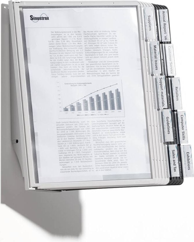 Sichttafel-Wandhalter Durable SHERPA WALL 10 5631-22, Tafelträger, 10 Tafeln (5x grau/5x schwarz),
10 Reiter mit blanko Einsteckschildern