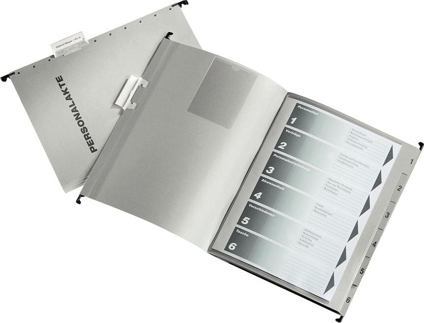 Hängehefter Leitz Personalakte 30041, 5 kaufm. Heftungen, mit Tasche,
Colorspankarton (RC) 250 g/m², grau