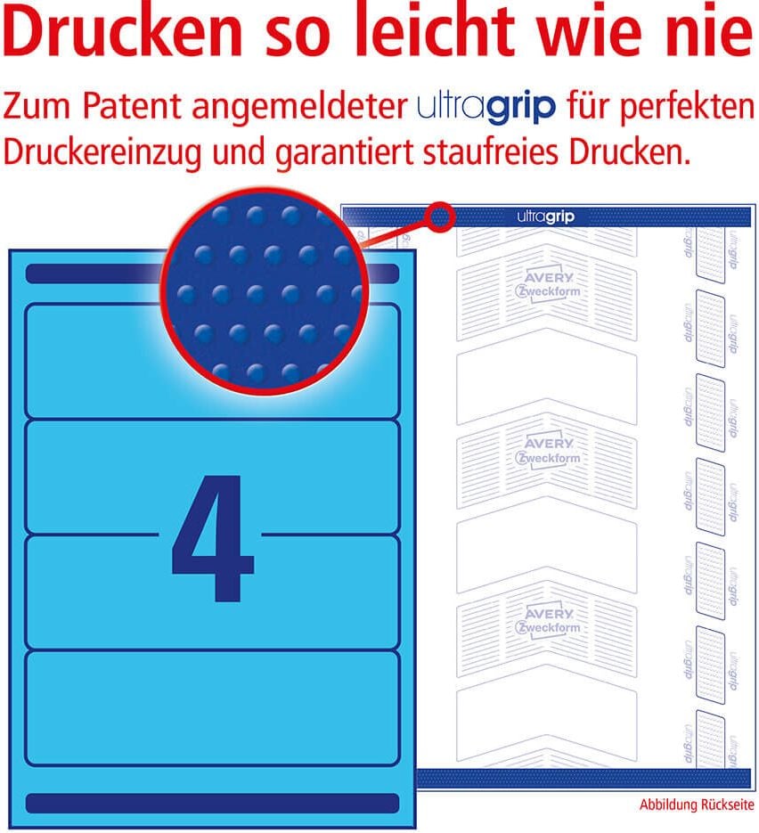 Rückenschilder Zweckform L4767-100 ultragrip, breit/kurz, 192x61mm, auf A4, blau,
Pack 100 Blatt/400 Stück