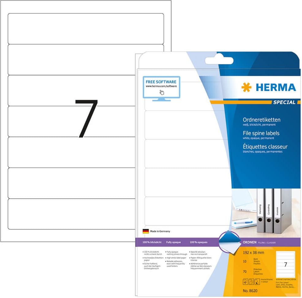Rückenschilder Herma 8620, schmal/kurz, 192x38mm, auf A4, weiß, Packung
10 Blatt/70 Stück