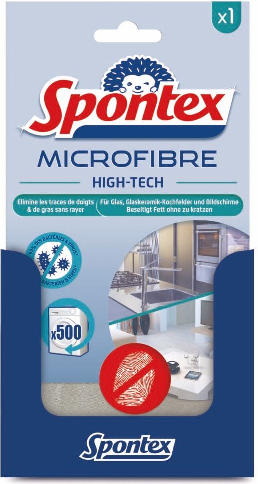 Mikrofasertücher Spontex Microfibre High-Tech 19700206, 45x32cm, für empfindliche Oberflächen, beseitigt 99% der Bakterien, 500x waschbar, grau