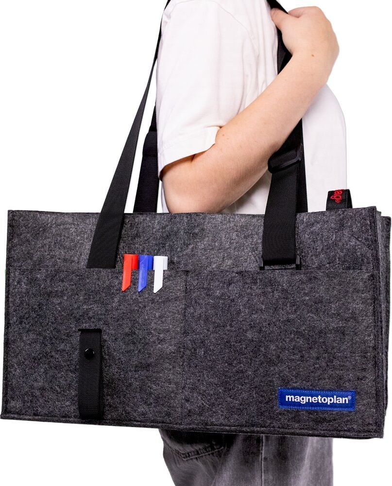 Aufbewahrungstasche Magnetoplan Hot Desking Bag, 45x25x15cm, 100% recycelter Polyester-Filz, 2
große Einsteckfächer, 7 separate Fächer, grau