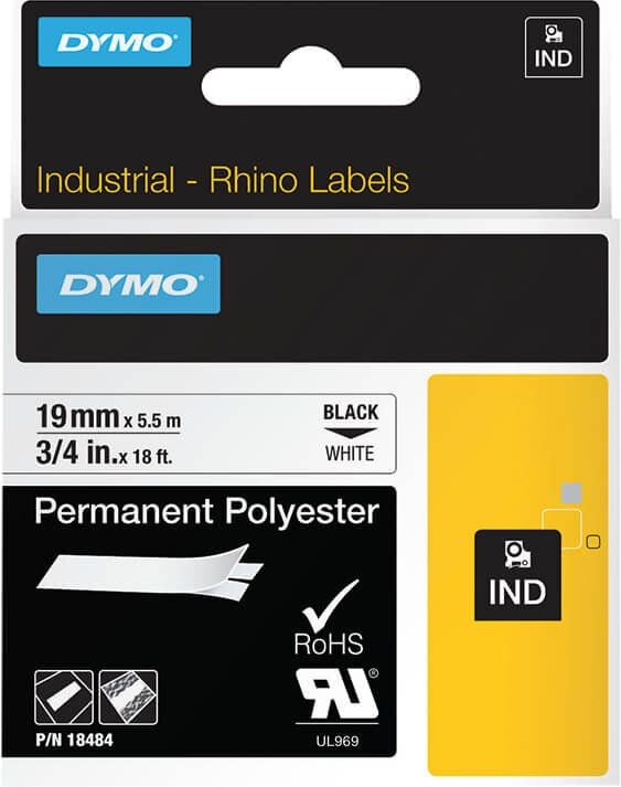 Schriftbänder Dymo RHINO Polyester 18484/S0718220, schwarz auf weiß, 19mm/5,5m, Polyesterband