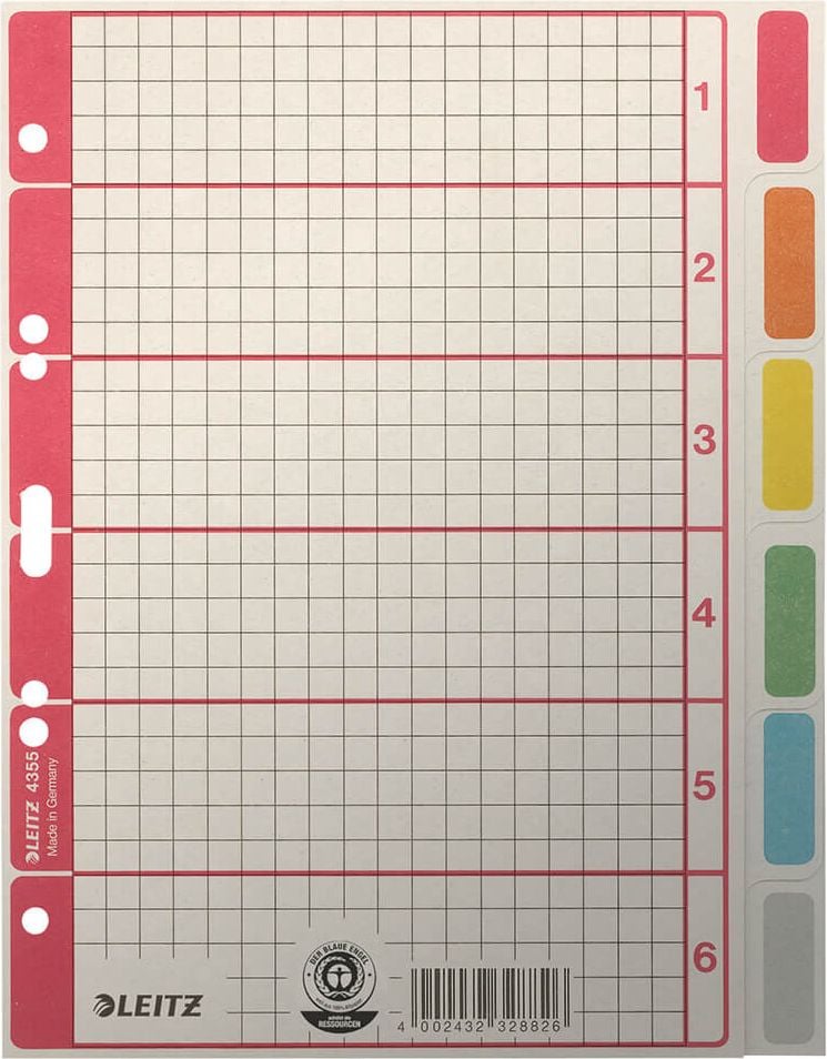 Kartonregister Leitz A5 blanko 4355, A5 hoch, blanko, 6-teilig, Karton 230g/m²,
grau, Pack 25 Stück, grau