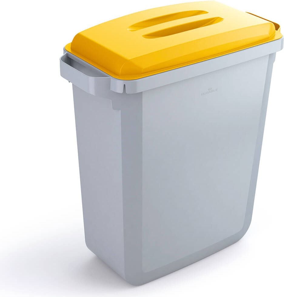 Abfallsammler Durable Set Durabin 60 VEH20120, 60 Liter, Polypropylen, rechteckig, Behälter
grau, Deckel farbig, Tragegriffe, gelb